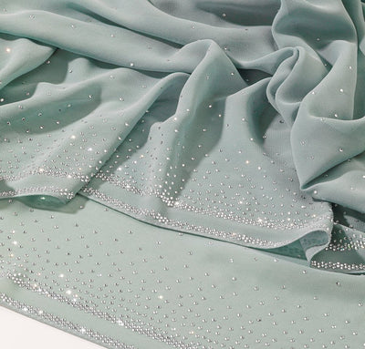 Sedef Shawl Mint Green Solid Sheer Chiffon with Rhinestone Shawl Hijab - Mint Green
