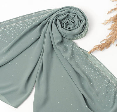 Sedef Shawl Mint Green Solid Sheer Chiffon with Rhinestone Shawl Hijab - Mint Green