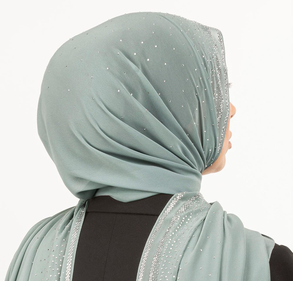 Sedef Shawl Mint Green Solid Sheer Chiffon with Rhinestone Shawl Hijab - Mint Green