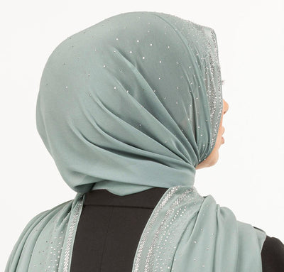Sedef Shawl Mint Green Solid Sheer Chiffon with Rhinestone Shawl Hijab - Mint Green