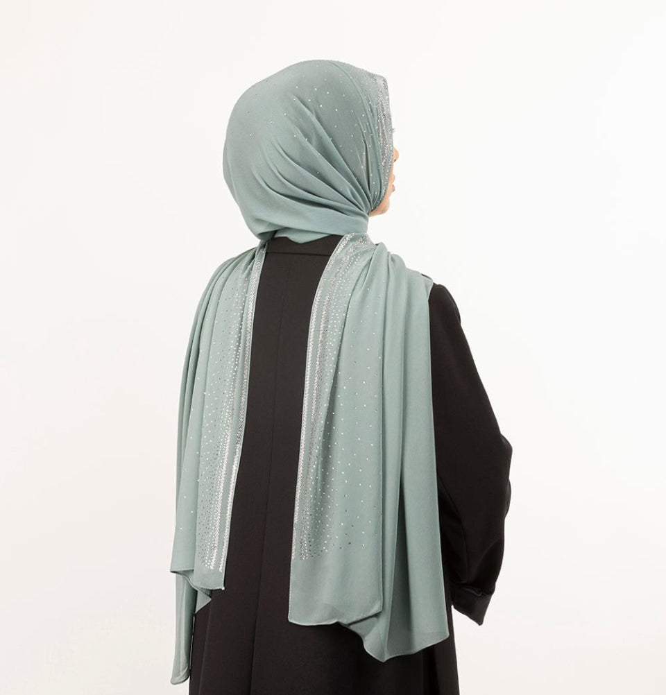 Sedef Shawl Mint Green Solid Sheer Chiffon with Rhinestone Shawl Hijab - Mint Green