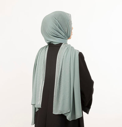Sedef Shawl Mint Green Solid Sheer Chiffon with Rhinestone Shawl Hijab - Mint Green
