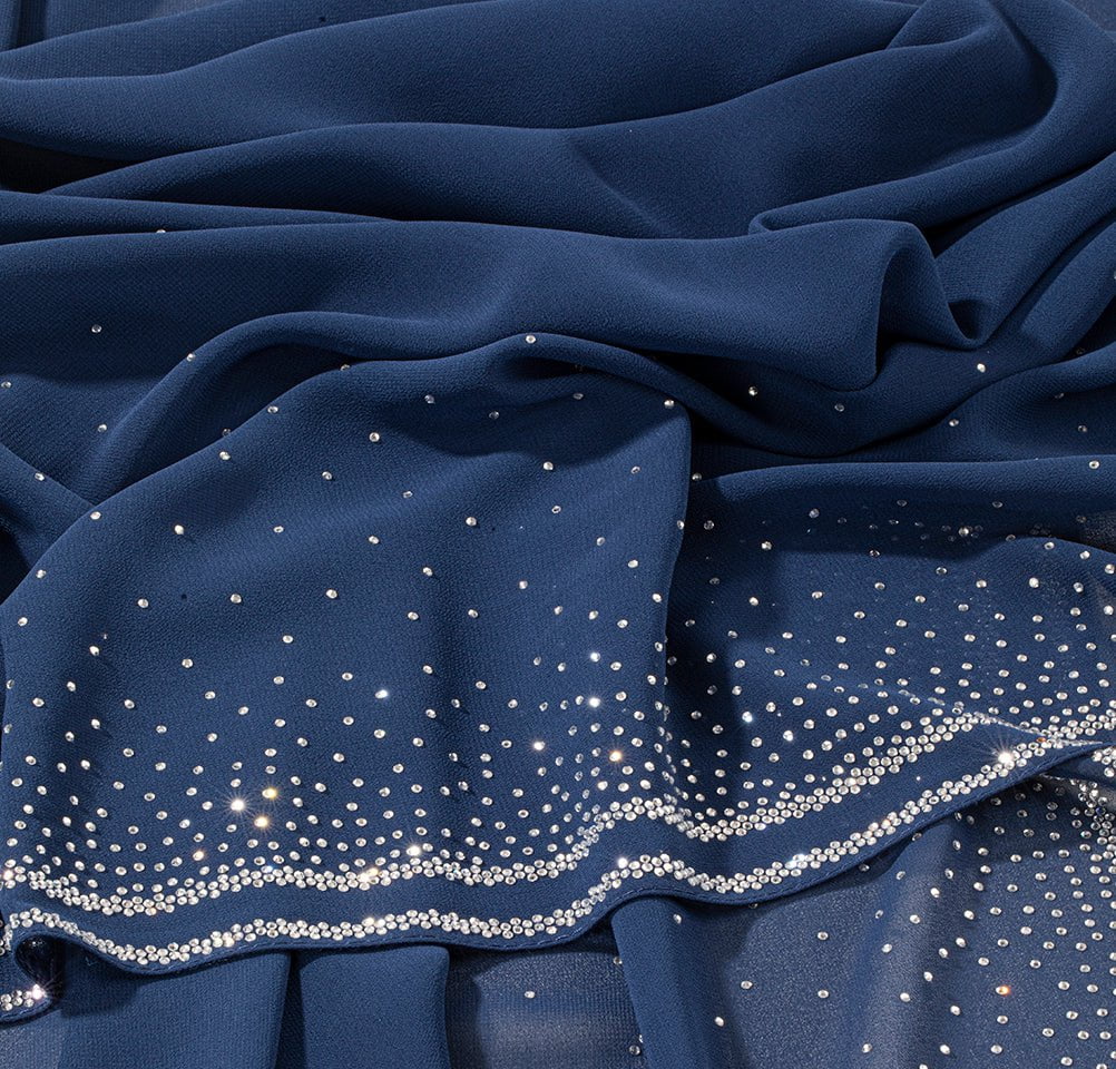 Sedef Shawl Navy Blue Solid Sheer Chiffon with Rhinestone Shawl Hijab - Navy Blue