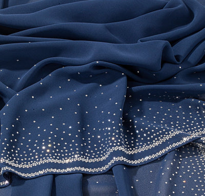 Sedef Shawl Navy Blue Solid Sheer Chiffon with Rhinestone Shawl Hijab - Navy Blue