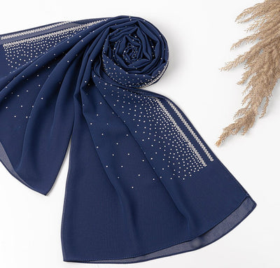 Sedef Shawl Navy Blue Solid Sheer Chiffon with Rhinestone Shawl Hijab - Navy Blue