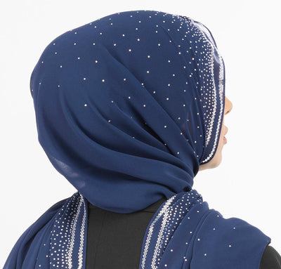 Sedef Shawl Navy Blue Solid Sheer Chiffon with Rhinestone Shawl Hijab - Navy Blue