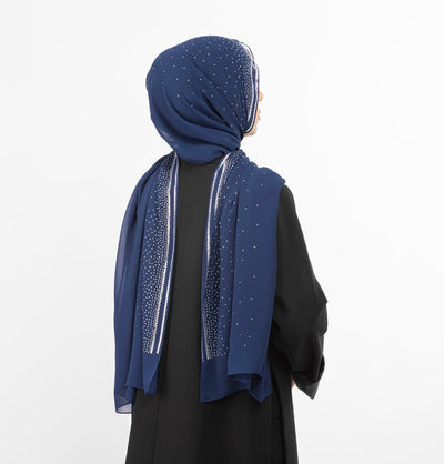 Sedef Shawl Navy Blue Solid Sheer Chiffon with Rhinestone Shawl Hijab - Navy Blue