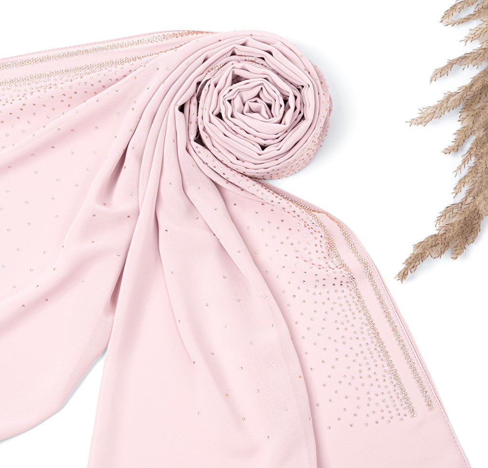 Sedef Shawl Pink Solid Sheer Chiffon with Rhinestone Shawl Hijab - Pink