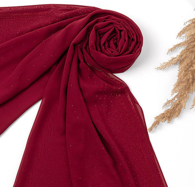 Sedef Shawl Red Solid Sheer Chiffon with Rhinestone Shawl Hijab - Red
