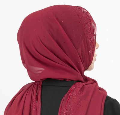 Sedef Shawl Red Solid Sheer Chiffon with Rhinestone Shawl Hijab - Red
