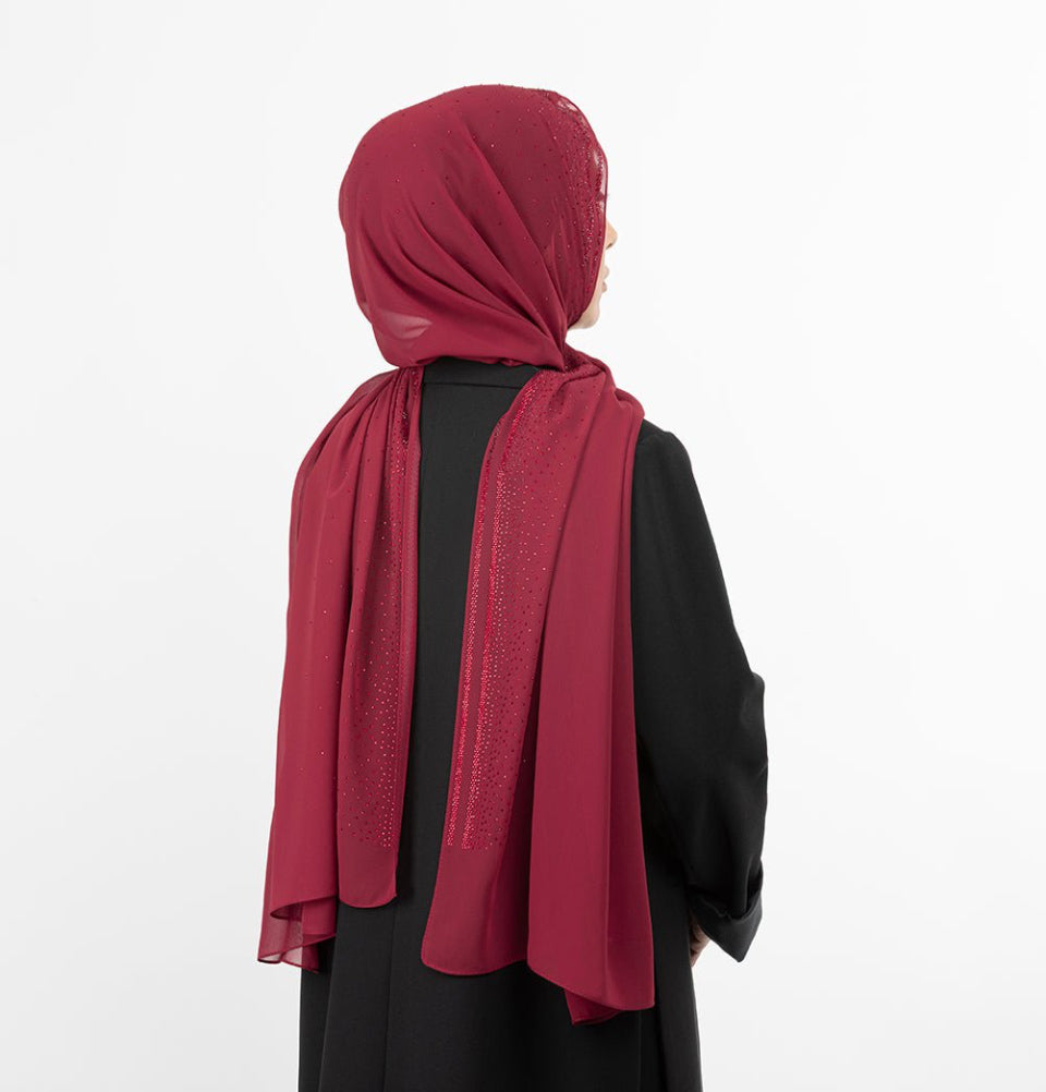 Sedef Shawl Red Solid Sheer Chiffon with Rhinestone Shawl Hijab - Red