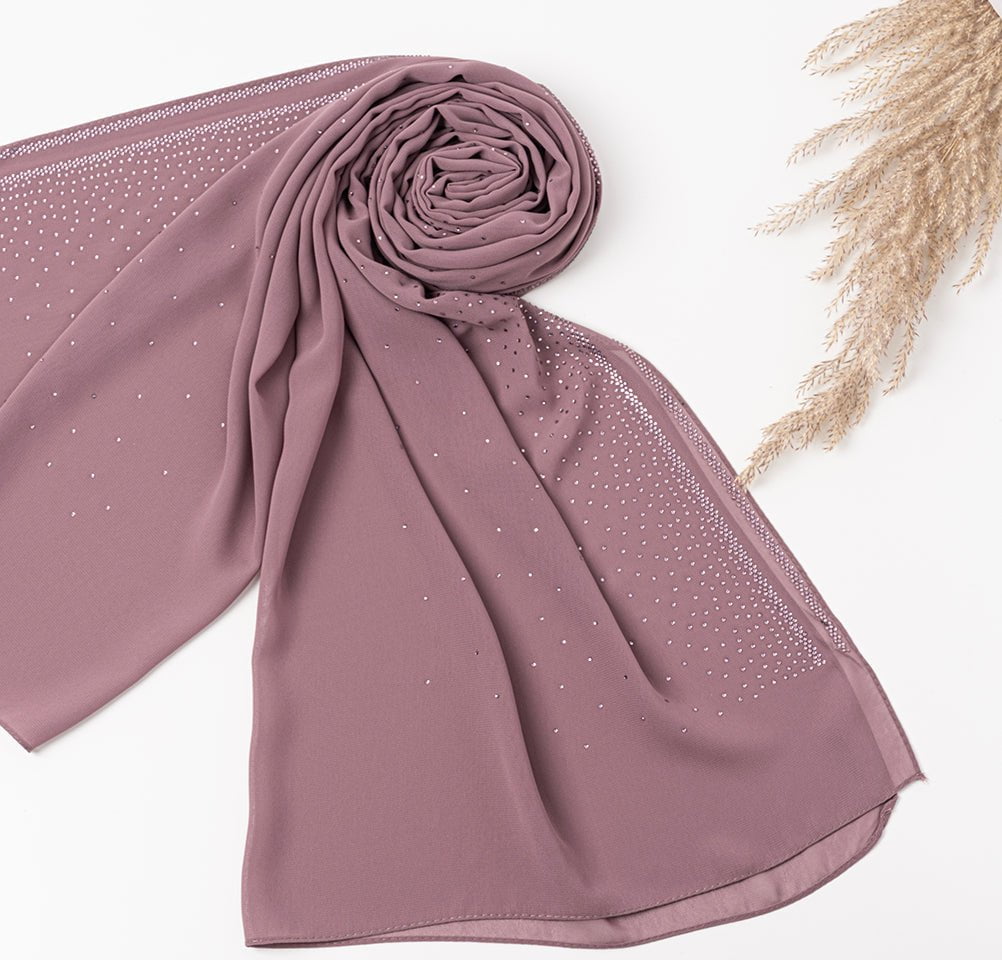 Sedef Shawl Rose Pink Solid Sheer Chiffon with Rhinestone Shawl Hijab - Rose Pink