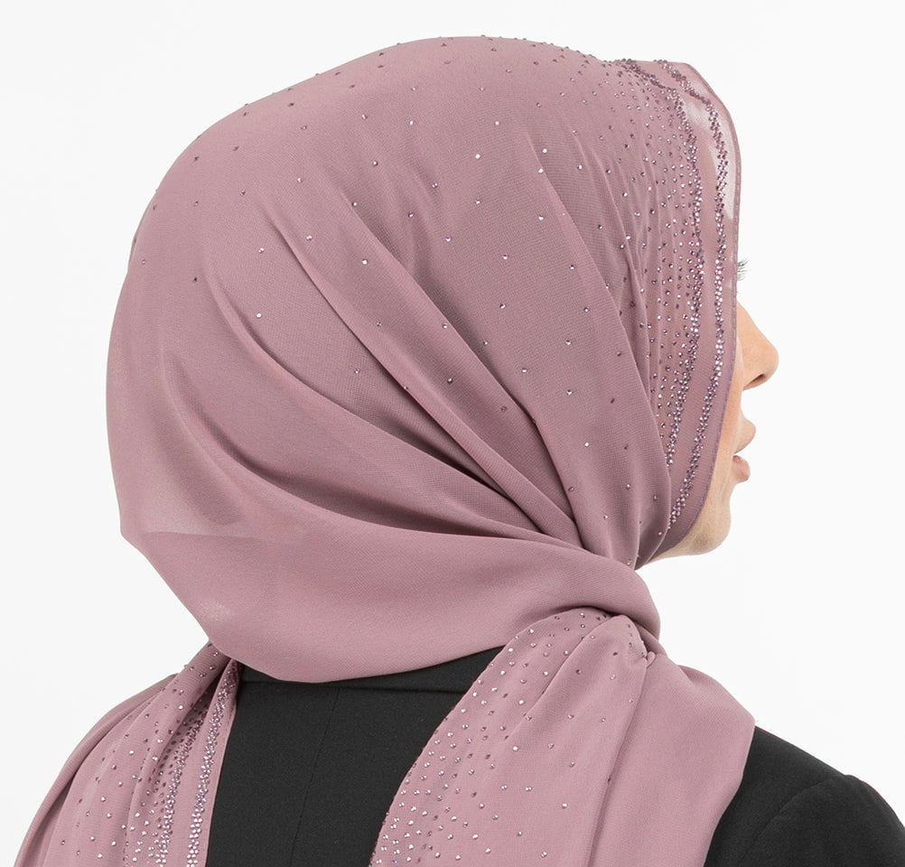 Sedef Shawl Rose Pink Solid Sheer Chiffon with Rhinestone Shawl Hijab - Rose Pink