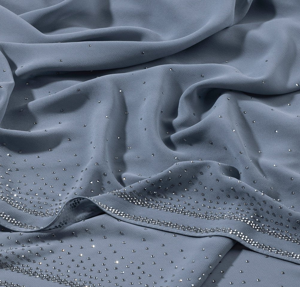 Sedef Shawl Slate Blue Solid Sheer Chiffon with Rhinestone Shawl Hijab - Slate Blue