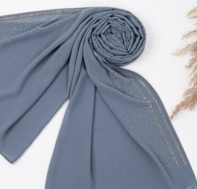 Sedef Shawl Slate Blue Solid Sheer Chiffon with Rhinestone Shawl Hijab - Slate Blue