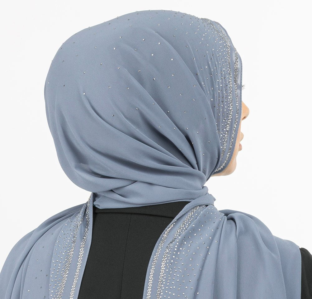 Sedef Shawl Slate Blue Solid Sheer Chiffon with Rhinestone Shawl Hijab - Slate Blue