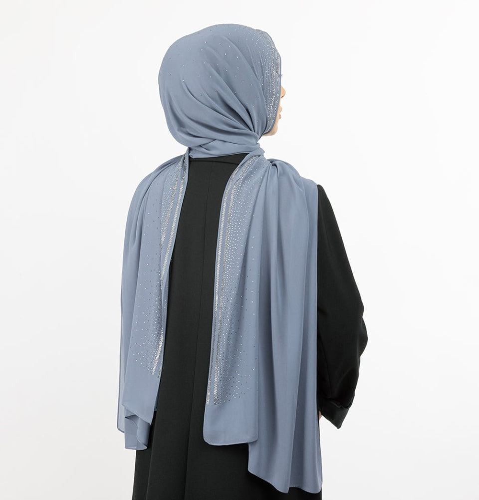 Sedef Shawl Slate Blue Solid Sheer Chiffon with Rhinestone Shawl Hijab - Slate Blue