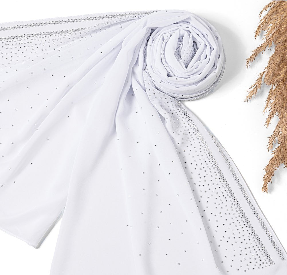 Sedef Shawl White Solid Sheer Chiffon with Rhinestone Shawl Hijab - White