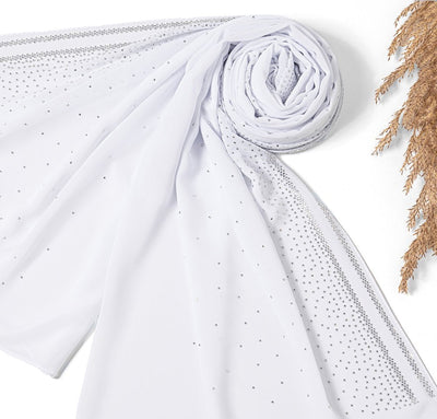 Sedef Shawl White Solid Sheer Chiffon with Rhinestone Shawl Hijab - White