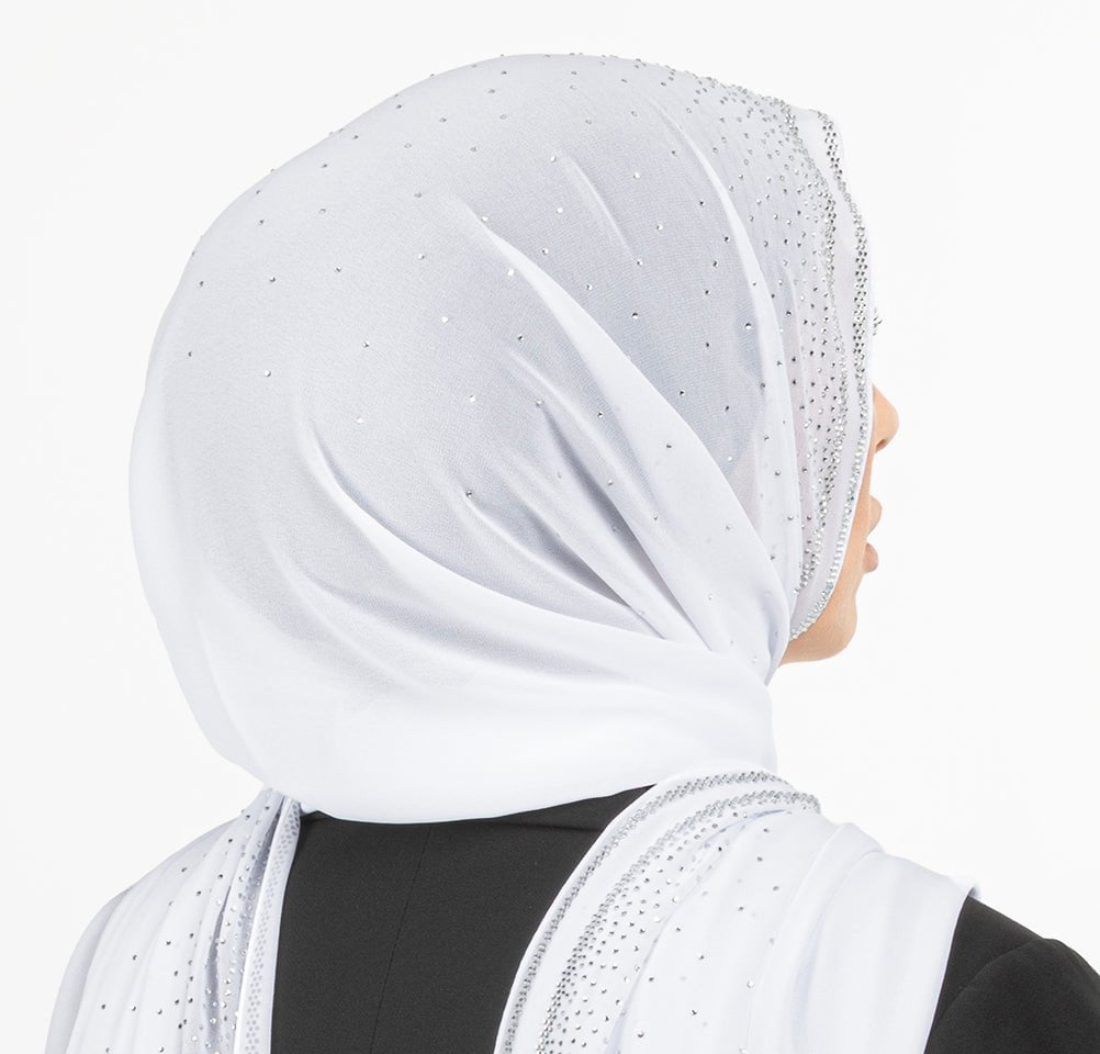 Sedef Shawl White Solid Sheer Chiffon with Rhinestone Shawl Hijab - White