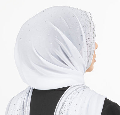 Sedef Shawl White Solid Sheer Chiffon with Rhinestone Shawl Hijab - White