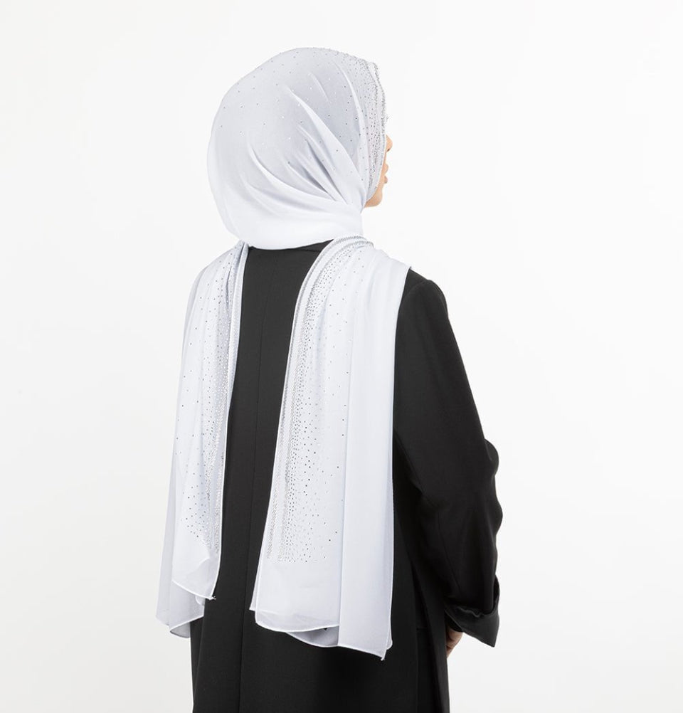 Sedef Shawl White Solid Sheer Chiffon with Rhinestone Shawl Hijab - White