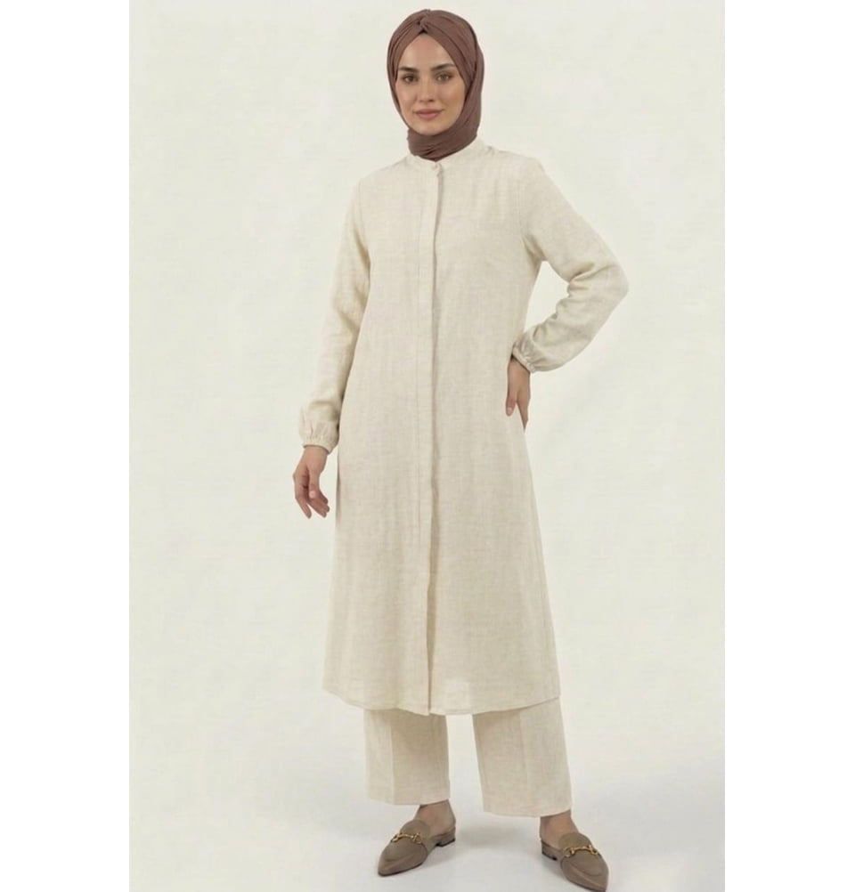 Muslim Women's Cotton 2 PC Long Zip Tunic & Pant Set - Beige