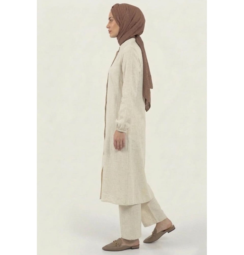 Muslim Women's Cotton 2 PC Long Zip Tunic & Pant Set - Beige