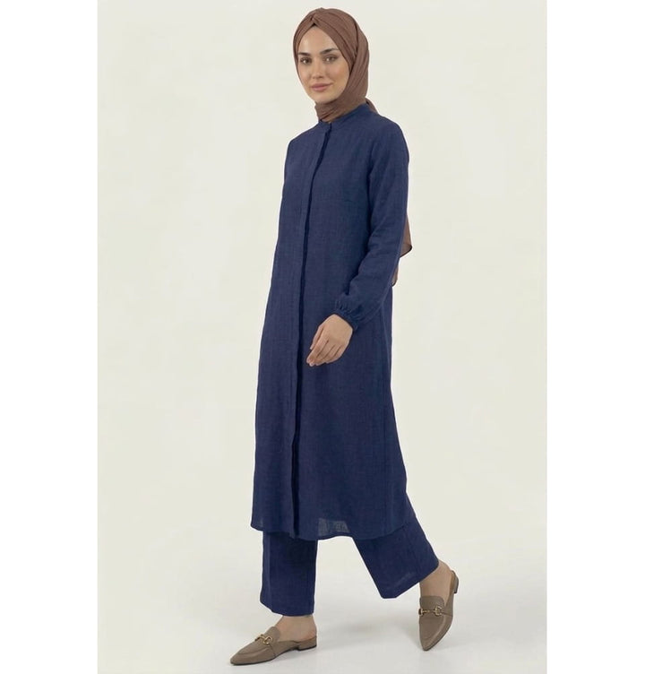 Muslim Women's Cotton 2 PC Long Zip Tunic & Pant Set - Navy