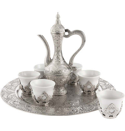 Modefa Islamic Decor Silver Turkish Luxury 8 Piece Zamzam Water Porcelain Cup Set | Ottoman Style Tray with Pitcher - Silver