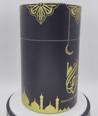 Ramadan Kareem Cylinder Gift Box Set with Prayer Mat & Prayer Beads - Black