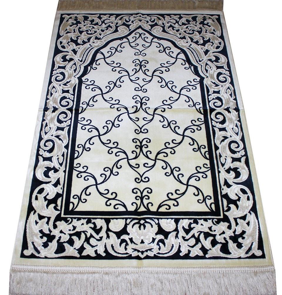 Aydin Prayer Rug Velvet Amber Seccade Prayer Rug Floral Vine Blue and Ivory - Modefa 