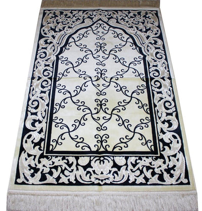 Aydin Prayer Rug Velvet Amber Seccade Prayer Rug Floral Vine Blue and Ivory - Modefa 