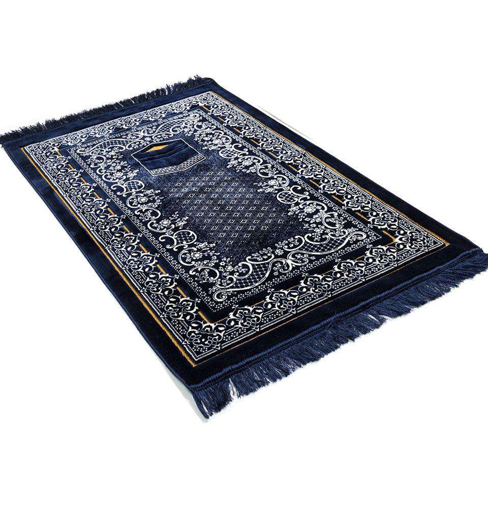 Double Plush Wide Islamic Prayer Rug - Kaba Blue