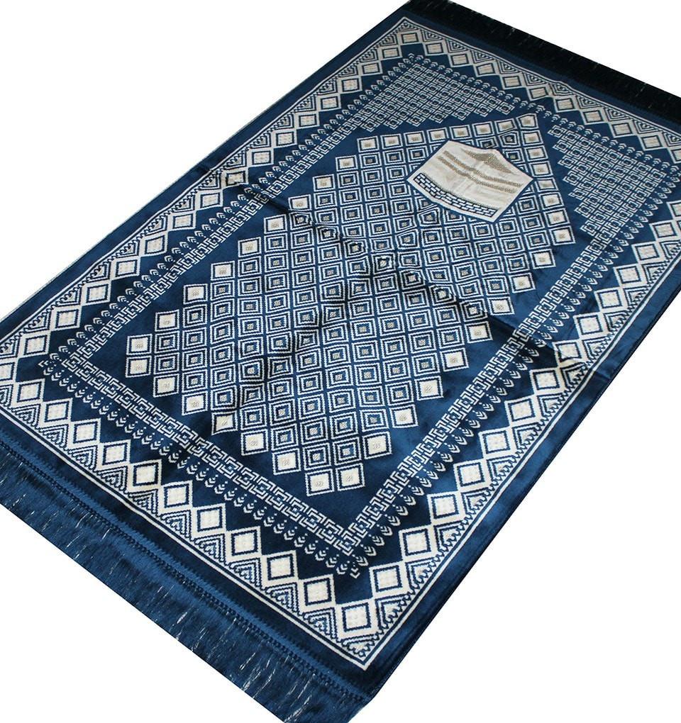 Aydin Prayer Rug Velvet Amber Seccade Prayer Rug Kaba Blue - Modefa 