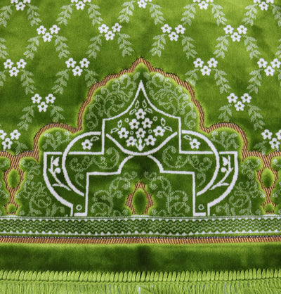 Aydin Prayer Rug Velvet Wide Large Islamic Prayer Rug Trellis Bright Green - Modefa 