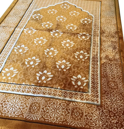 Aydin Prayer Rug Plush Ipek Islamic Prayer Rug Gold Floral - Modefa 