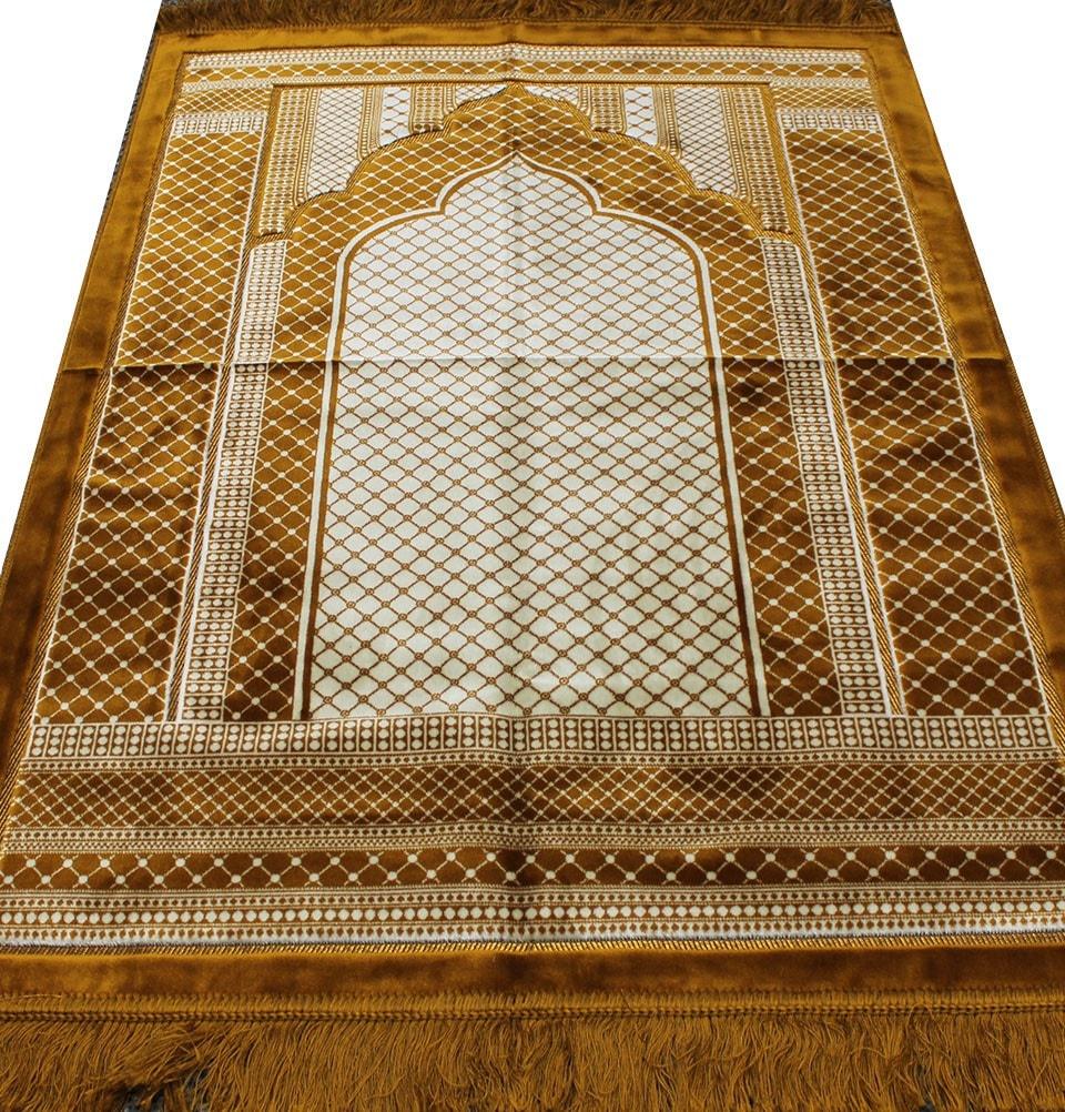 Aydin Prayer Rug Velvet Wide Large Islamic Prayer Rug Geometric Gold - Modefa 