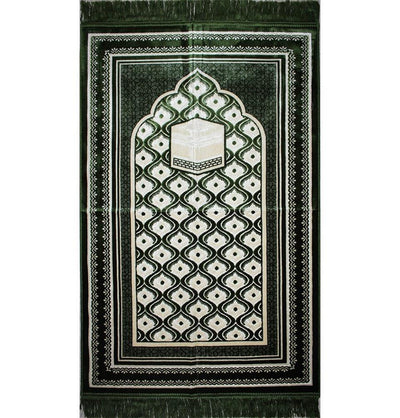 Aydin Prayer Rug Velvet Amber Seccade Islamic Prayer Rug Kaba Green - Modefa 