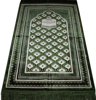 Aydin Prayer Rug Velvet Amber Seccade Islamic Prayer Rug Kaba Green - Modefa 