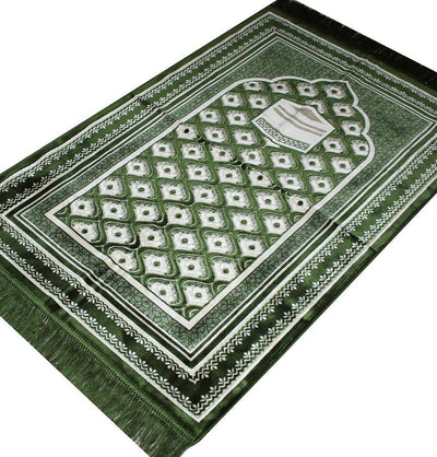 Aydin Prayer Rug Velvet Amber Seccade Islamic Prayer Rug Kaba Green - Modefa 