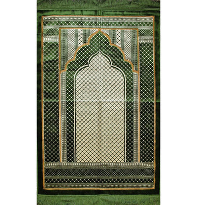 Aydin Prayer Rug Velvet Wide Large Islamic Prayer Rug Geometric Green - Modefa 