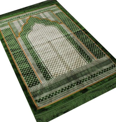 Aydin Prayer Rug Velvet Wide Large Islamic Prayer Rug Geometric Green - Modefa 