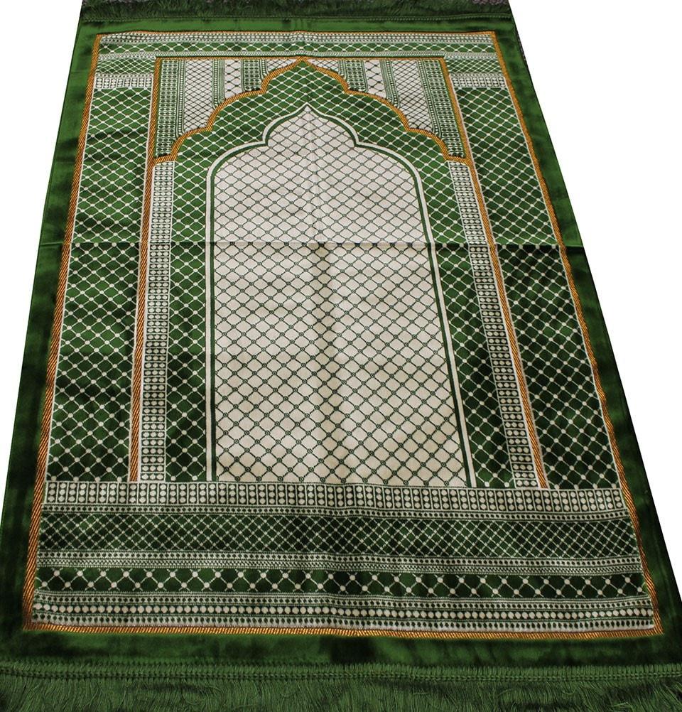 Aydin Prayer Rug Velvet Wide Large Islamic Prayer Rug Geometric Green - Modefa 