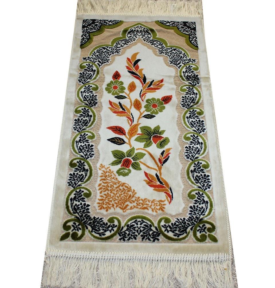 Aydin Prayer Rug Child Velvet Floral Prayer Rug - Ivory / Green - Modefa 
