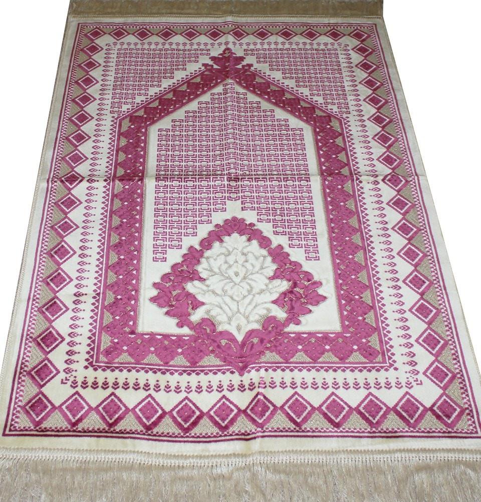 Aydin Prayer Rug Velvet Amber Seccade Islamic Prayer Rug Diamond Tile Pink - Modefa 