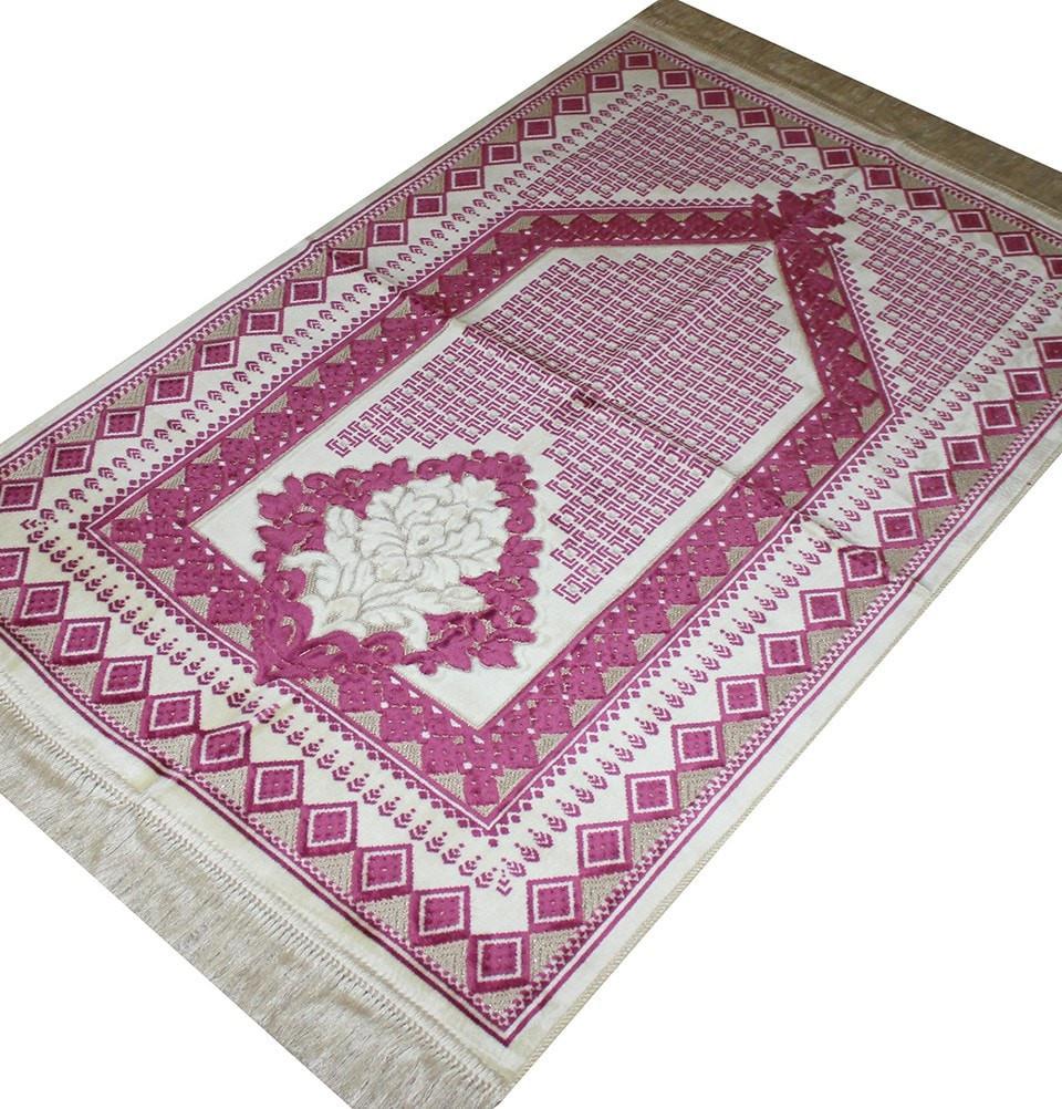 Aydin Prayer Rug Velvet Amber Seccade Islamic Prayer Rug Diamond Tile Pink - Modefa 