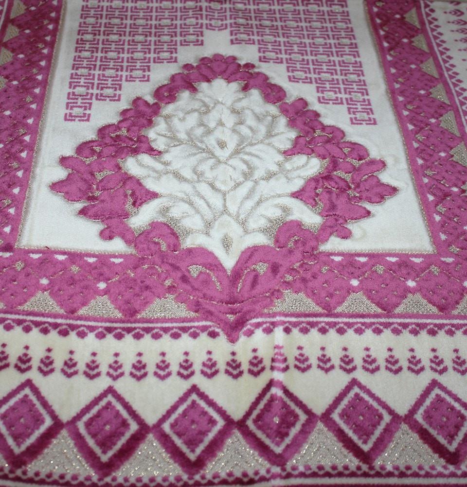 Aydin Prayer Rug Velvet Amber Seccade Islamic Prayer Rug Diamond Tile Pink - Modefa 