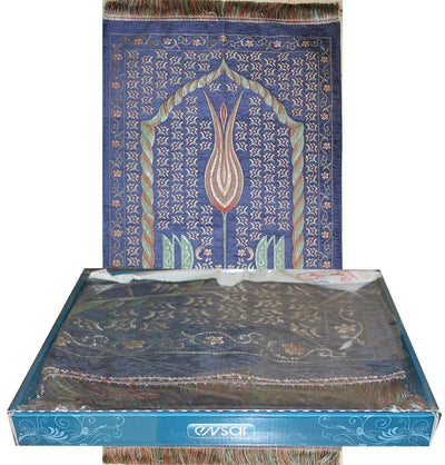 Ensar Prayer Rug Luxury Embroidered Chenille Thin Prayer Mat Gift Box Set - Rose Scented - Blue - Modefa 