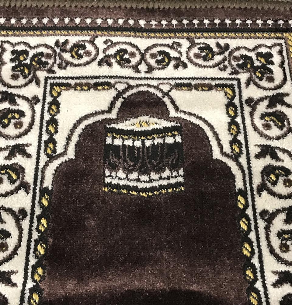 Child Velvet Islamic Prayer Rug - Brown with Kaba